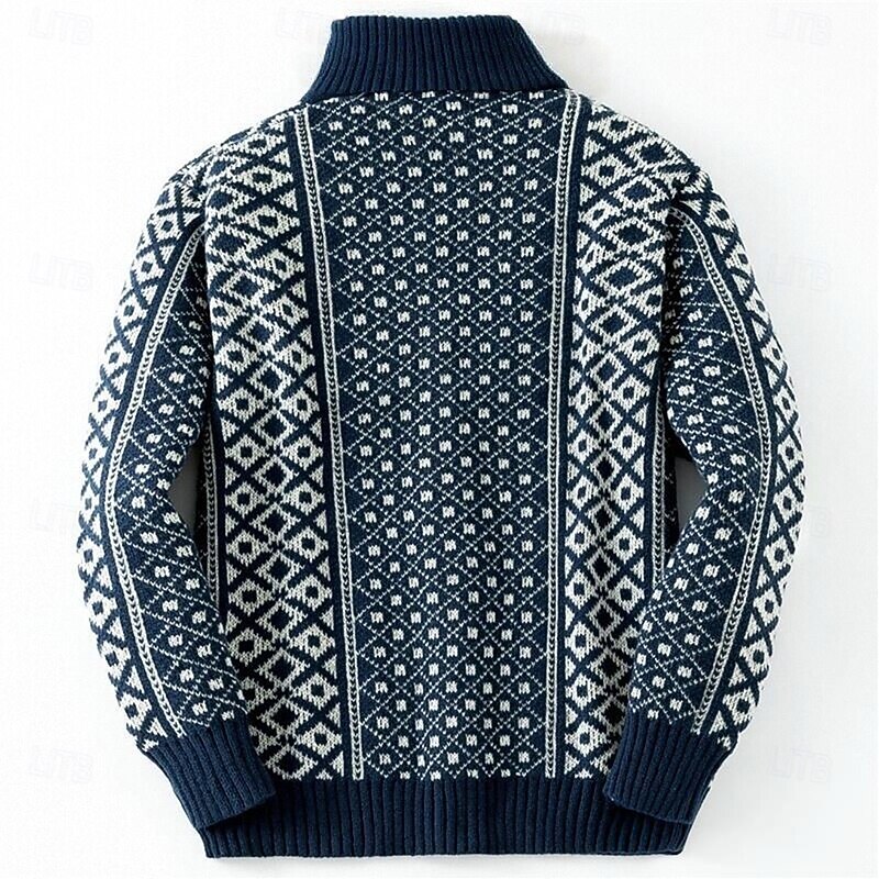 Men's Geometric Fair isle Sweater Cardigan Sweater V Neck Casual School Vacation Daily 3D Print Knitting Keep Warm Long Sleeve Spring Fall Winter Black Blue3