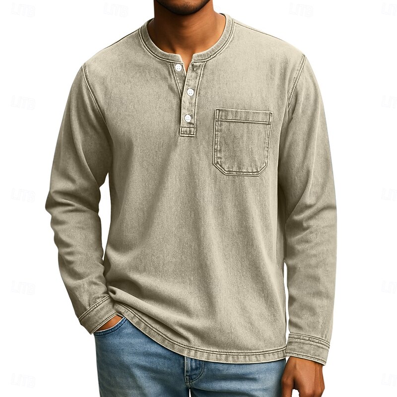 Men's Henley Shirt T shirt Tee Long Sleeve Vintage Solid Retro Vintage Casual Vintage Style Henley Casual Spring Fall All Seasons Black Pink Gray Henley T-Shirt3