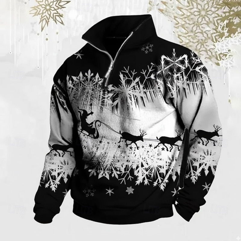 Christmas Men's Elk Snowflake Zip Polo Shirts Long Sleeve Polo Shirts Lapel Casual Outdoor Festival Outfit 3D Print Fall Winter Black Red Green2