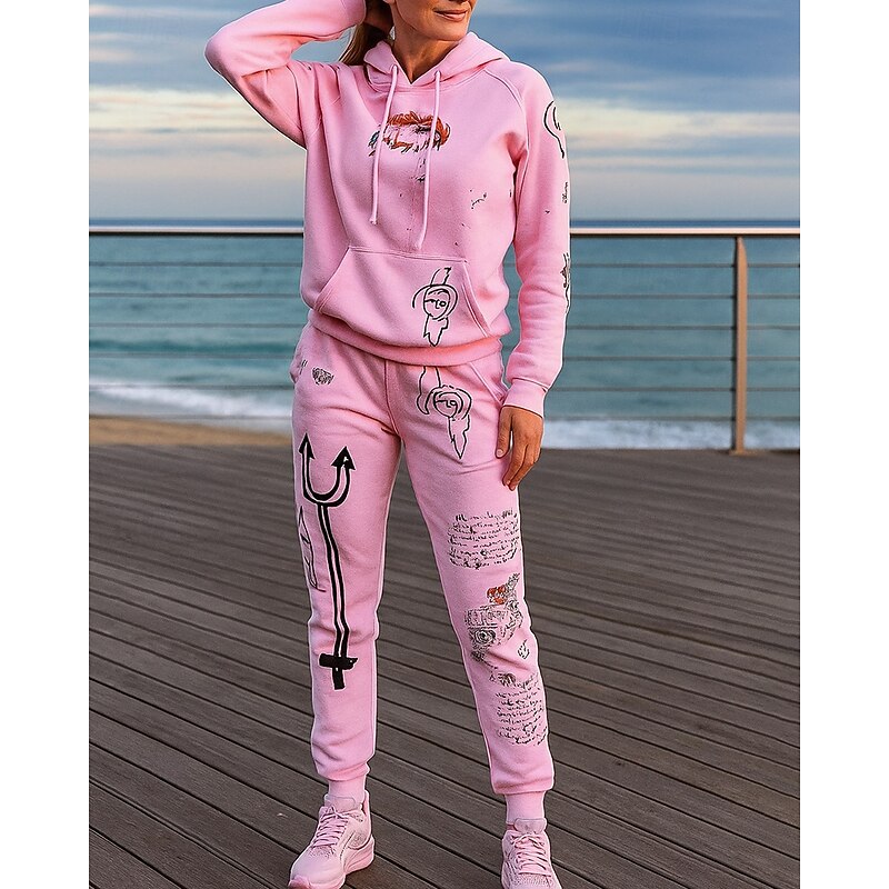 Women's 2 Piece Tracksuit Lounge Hoodie Sweatsuit Sets Pocket Printed Clothing Suit Fall Black White Outdoor Travel Sports Moisture Wicking Long Sleeve Sport Activewear Micro-elastic Regular Fit