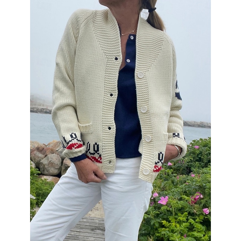 Women's Sweater Cardigan Elegant Fashion Streetwear Graphic Animal Turtleneck V Neck Pocket Knitted Long Sleeve Regular Tops Knit Outdoor Daily Weekend Black Blue Fall Winter2