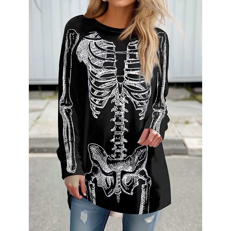 Halloween Women's T Shirt Skulls Graphic Vintage Stylish Casual Long Sleeve Crew Neck Long Tops Daily Print Black Gray Spring Fall4
