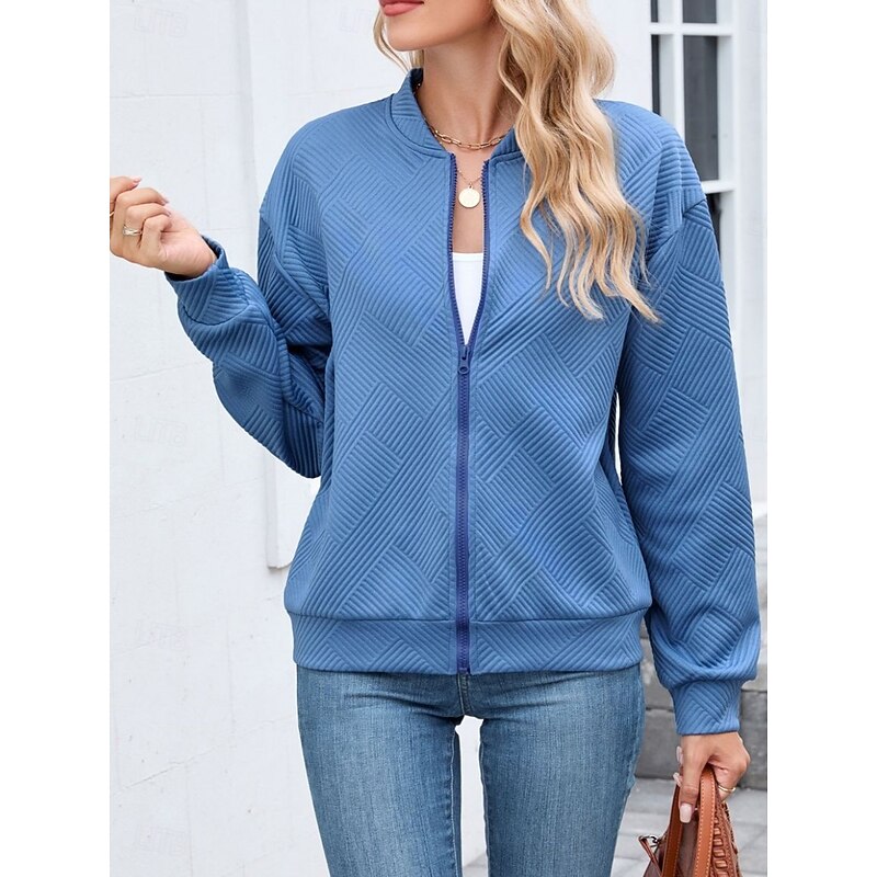 Women's Casual Jacket Comfortable Breathable Zipper Casual Plain Vacation Street Casual Daily Wear Zipper Short Stand Collar Regular Fit Long Sleeve Outerwear Black Blue Brown Spring Fall2