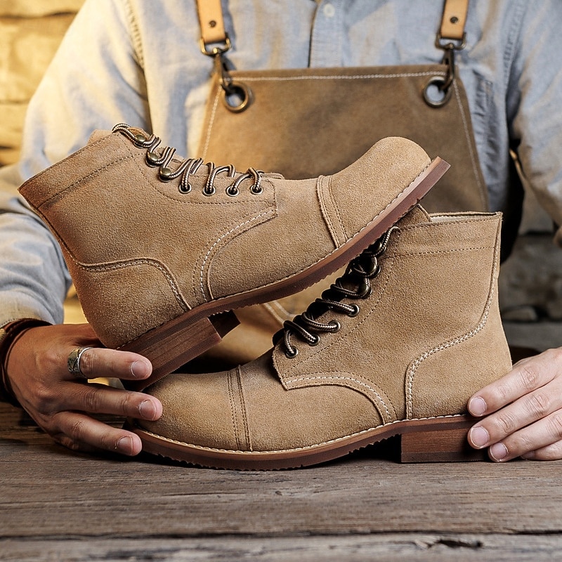 Men's Beige Suede Lace-Up Boots with Vintage Rugged Sole – Comfortable Outdoor Ankle Boots for Casual and Work Occasions