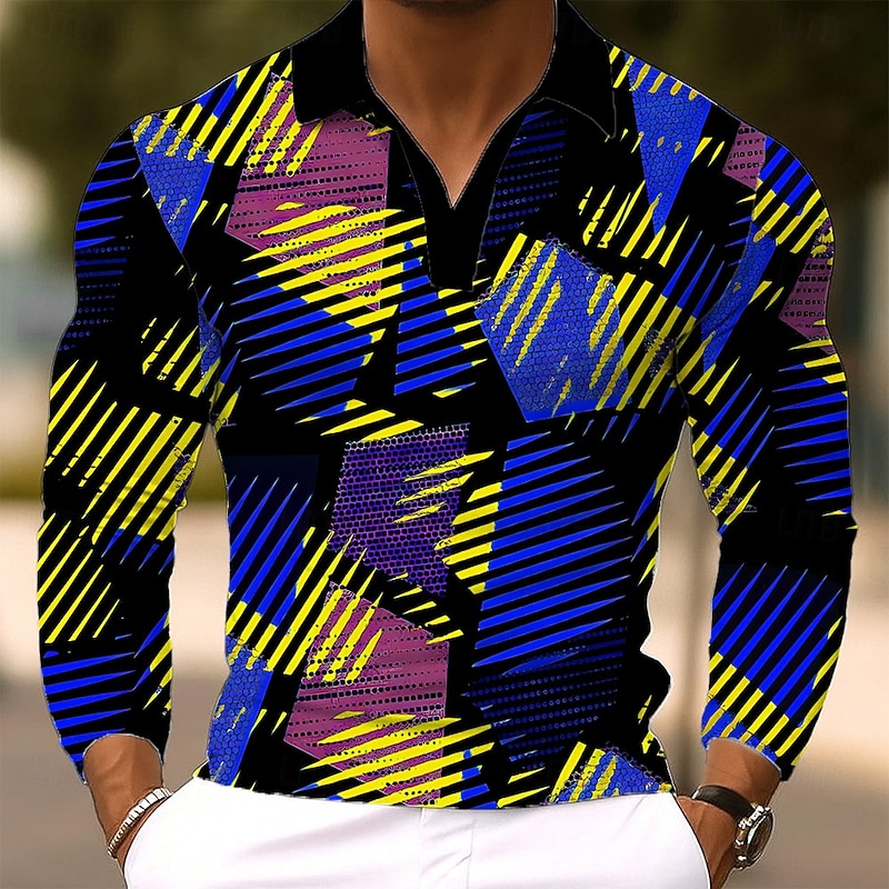 Men's Geometic Polo Long Sleeve Polo Shirts Lapel Casual Outdoor Athleisure Daily Wear 3D Print Buttons Spring Fall Winter Yellow Blue Green2