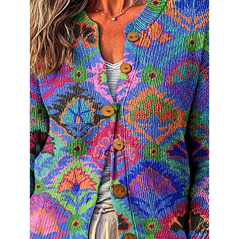 Women's Cardigan Daily Graphic Geometric Ribbed Crew Neck Floral Buttons Print Long Sleeve Regular Tops Knit Outdoor Weekend Blue Spring Fall2