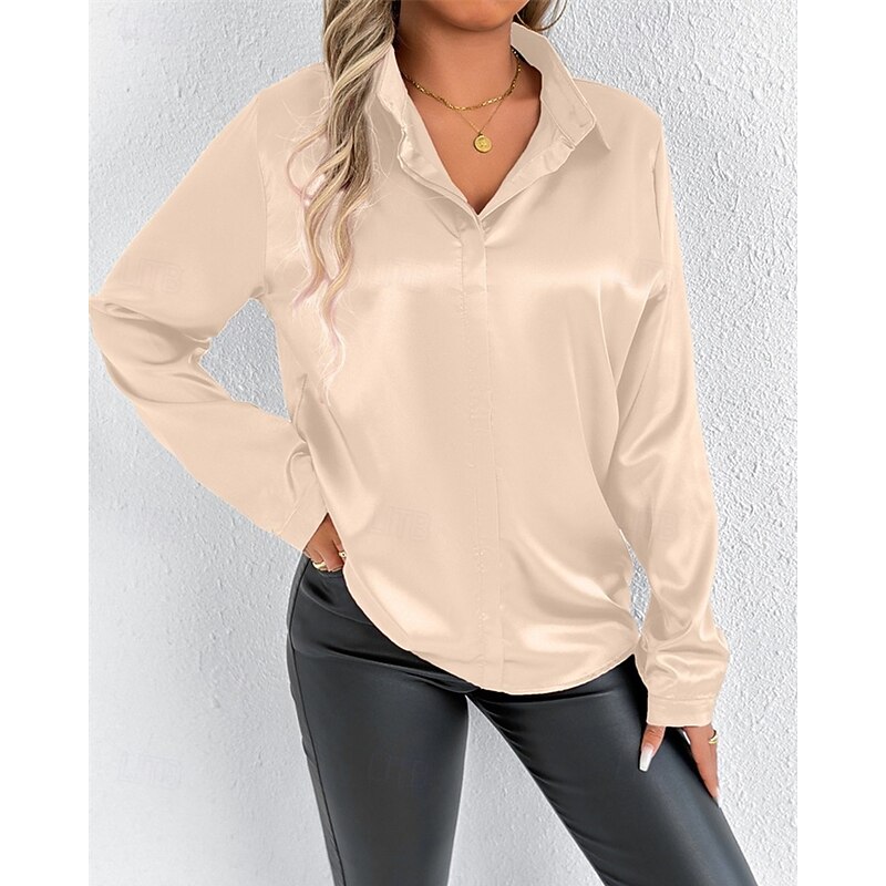 Women's Shirt Elegant Dressy Satin Solid Color Stylish Casual Long Sleeve Shirt Collar Regular Tops Daily Going out Buttons Black White Beige Spring Fall2