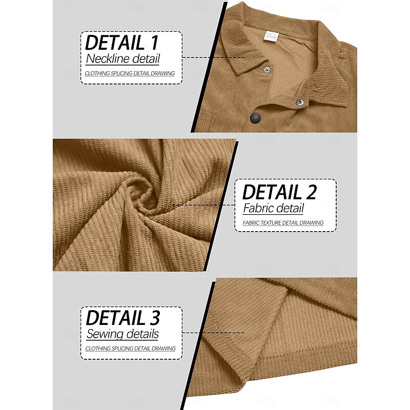 Men's Shirt Corduroy Shirt Button Up Shirt Black Navy Blue Camel Green Gray Long Sleeve Turndown Outdoor Party Front Pocket Clothing Apparel Business Casual3