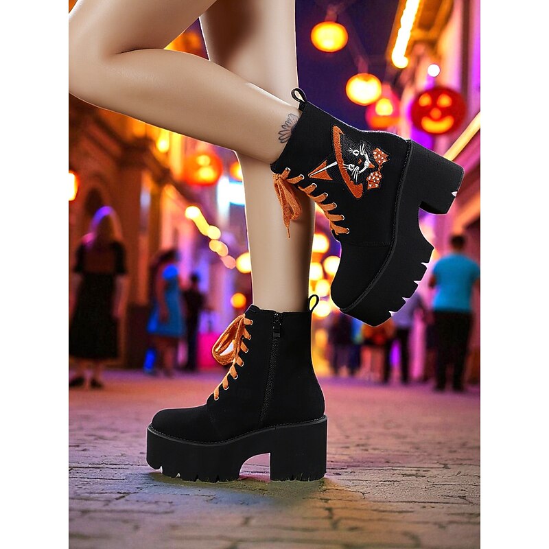 Women's Halloween Platform Lace-Up Boots with Cat Embroidery – Chunky Heel Black Suede Ankle Booties for Fall Festivals, Streetwear and Costume Parties3