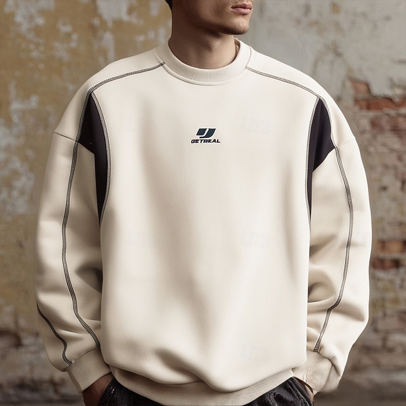 Men's Sweatshirt Apricot Navy Blue Crew Neck Color Block Patchwork Sports & Outdoor Daily Holiday Polyester Streetwear Basic Casual Spring Fall Clothing Apparel Hoodies Sweatshirts