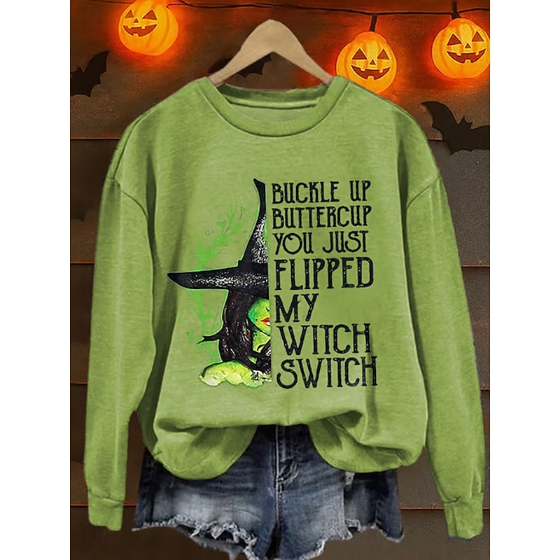 Women's Pullover Graphic Witch Casual Long Sleeve Crew Neck Regular Tops Street Dailywear Casual Print Black White Orange Green Fall Winter