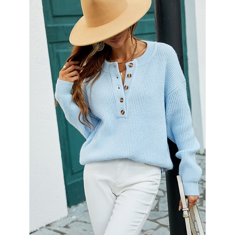 Women's Sweater Casual Soft Pure Color Ribbed Crew Neck Buttons Knitted Long Sleeve Regular Tops Knit Outdoor Daily Weekend Black Pink Fall Winter