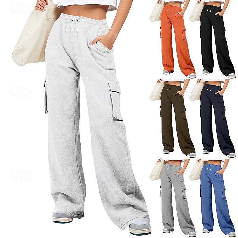Women's Cargo Pants Culottes Wide Leg Chinos Streetwear Casual Full Length Medium Waist Plain Drawstring Pocket Comfortable Micro-elastic Outdoor Vacation Street Black Dark Navy Royal Blue Light Grey