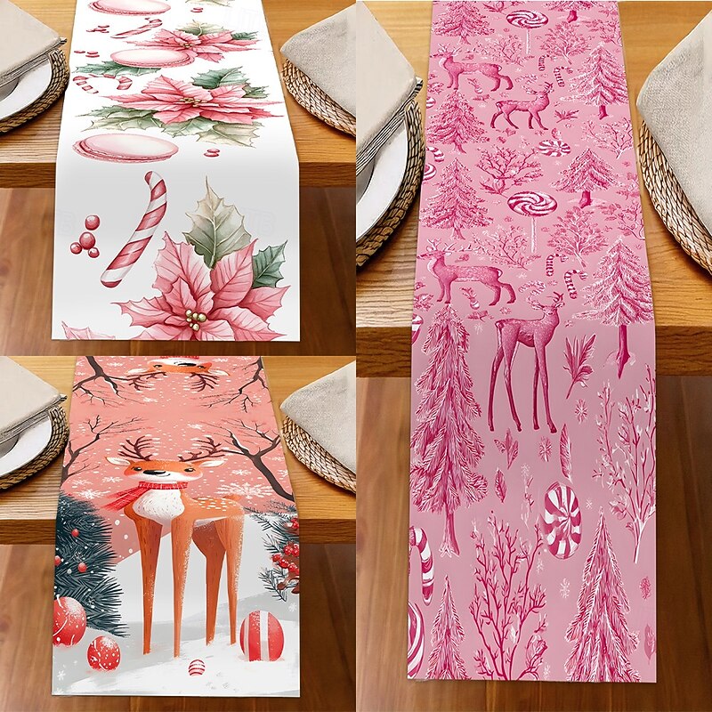 Christmas Linen Table Runner, Holiday Cartoon Santa & Snowflake Print Tablecloth, Dining Table Decor, Living Room & Countertop Festive Decoration4