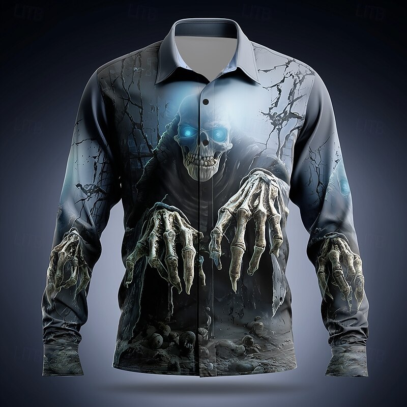 Halloween Men's Skull Grim Reaper Lightning Shirt Button Up Shirt Long Sleeve Dark Gothic Style Holiday Streetwear Spring Fall Turndown 3D Print Collared Shirts Blue 2# Blue 1# Blue2