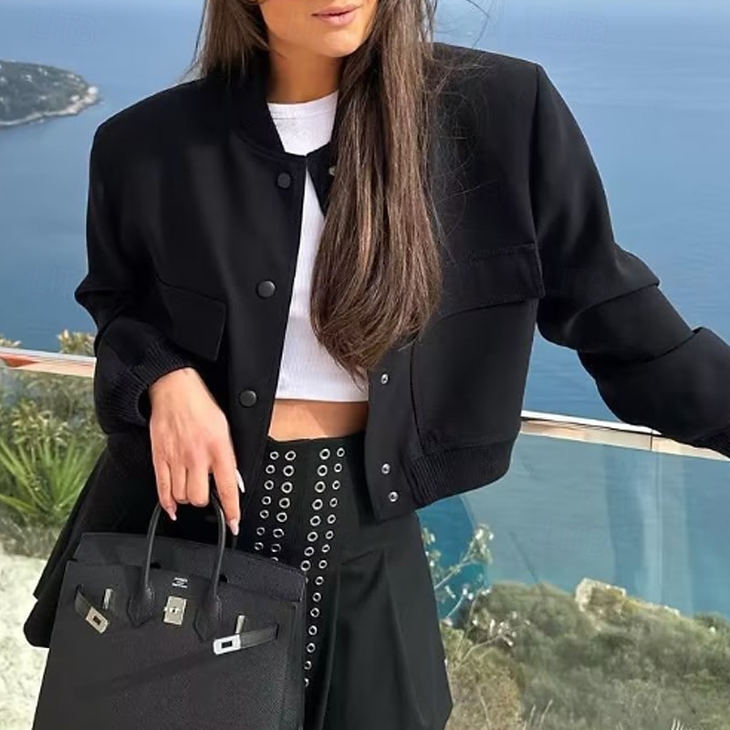 Women's Jacket Casual Jacket Comfortable Pocket Buttons Casual Plain Street Daily Wear Going out Weekend Short Stand Collar Regular Fit Long Sleeve Outerwear Black Pink Blue Fall Winter