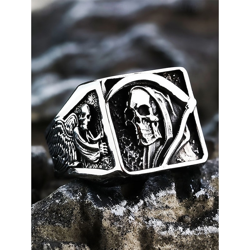 Men's Halloween Stainless Steel Grim Reaper Skull Ring – Gothic Punk Biker Jewelry for Parties and Festivals