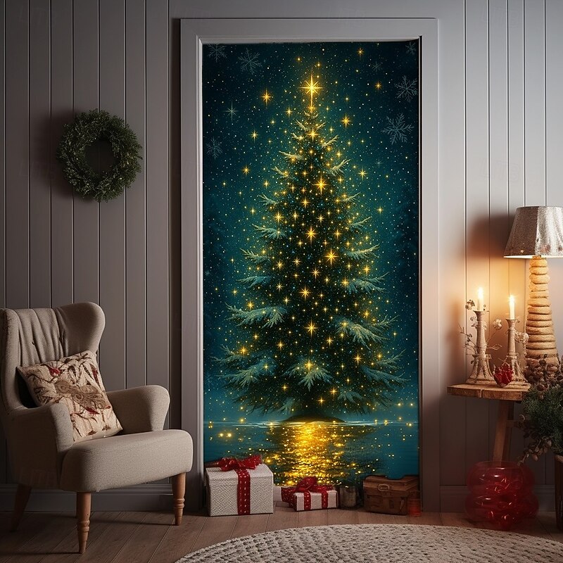 Christmas Door Cover, Colorful Winter Wonderland Scene with Glittering Trees, 2025 Xmas Festive Lights and Holiday Door Curtain Backdrop for Xmas Party Indoor Outdoor Decorations2
