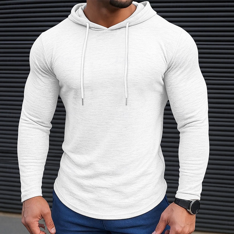 Men's T Shirt Long Sleeve Hooded Spring Fall All Seasons Solid Color Traditional / Vintage Casual Hooded Outdoor Casual Activewear Light Blue White Dark Brown Top Tee for Men