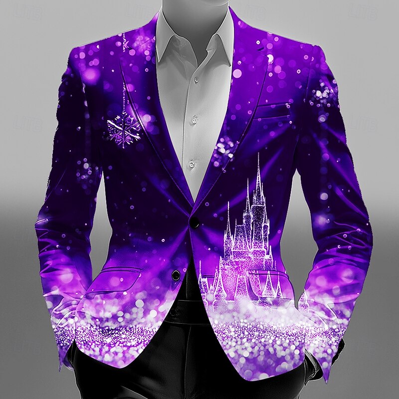 Men's Blazer Coat Christmas Street Casual Casual Daily Fall / Winter 100% Polyester Snowflake 3D Print Buttons Thermal Warm Comfortable Single Breasted Blazer Red Blue Purple Green4