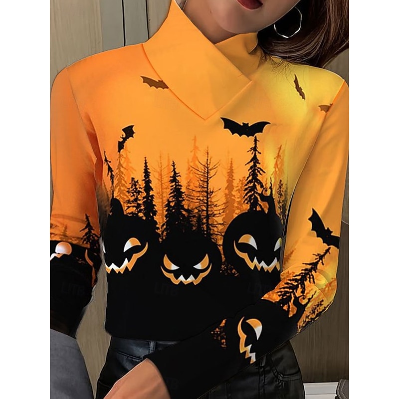 Halloween Women's T shirt Pumpkin Graphic Elegant Vintage Stylish Long Sleeve High Neck Regular Tops Daily Print Blue Purple Orange Green Spring Fall Winter