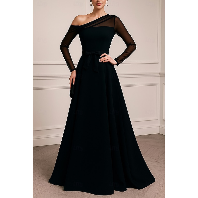 Black Tie A-Line Evening Gown Elegant Formal Dress Formal Wedding Floor Length Long Sleeve Off Shoulder Pocket Satin with Pleats 2025
