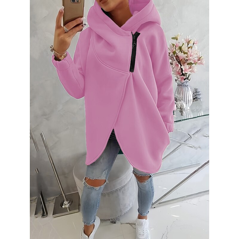 Women's Casual Jacket Comfortable Breathable Zipper Casual Plain Vacation Street Casual Daily Wear Zipper Regular Hooded Oversized Long Sleeve Outerwear Black White Pink Spring Fall2