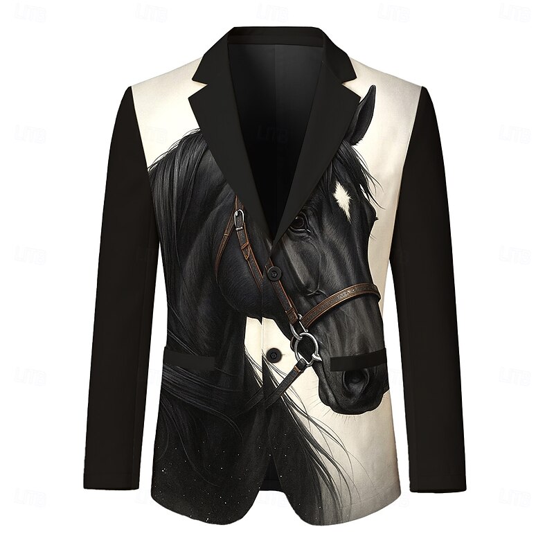 Men's Blazer Jacket Casual Daily Stylish Casual Daily All Seasons 100% Polyester Weaving Animal Horse 3D Print Buttons Comfortable Single Breasted Blazer WhiteA WhiteB White2