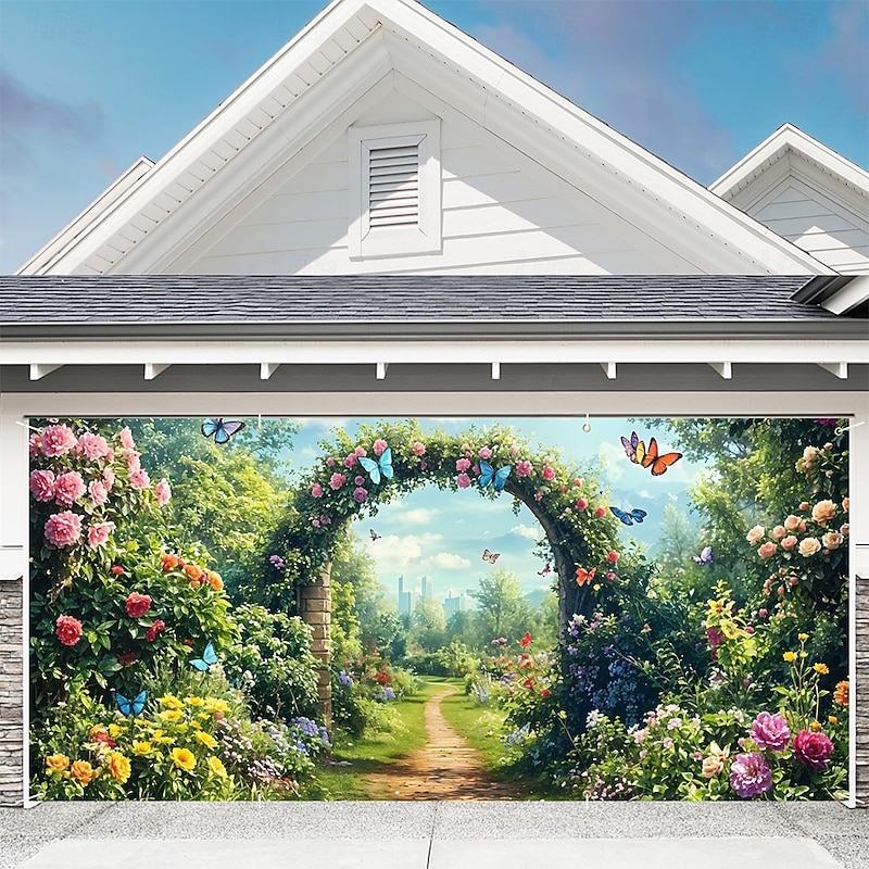 Tapestry Garage Door Cover Large Hanging Backdrop Butterfly Archway Forest Rustic Cottagecore 3D Scenic Party Outdoor Shooting Backgrounds Front Door Home Decor