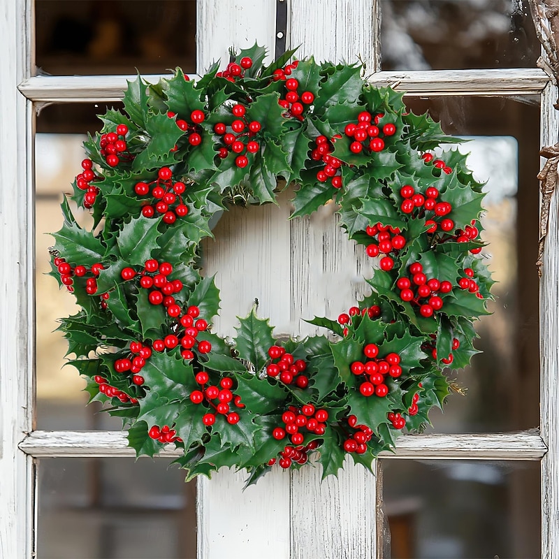 Christmas Wreath for Front Door, Indoor & Outdoor Decoration, Artificial Green Leaves with Red Berries, Holiday Berry Garland for Window, Wall, and Door Display4