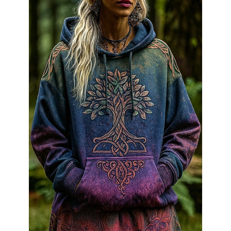Women's 3D Print Vintage Boho Hoodie Patchwork Hoodie Sweatshirt Floral Viking Pullover Sweatshirt Floral Graphic Casual Long Sleeve Hooded  Street Print Front Pocket Purple Spring Fall Winter2