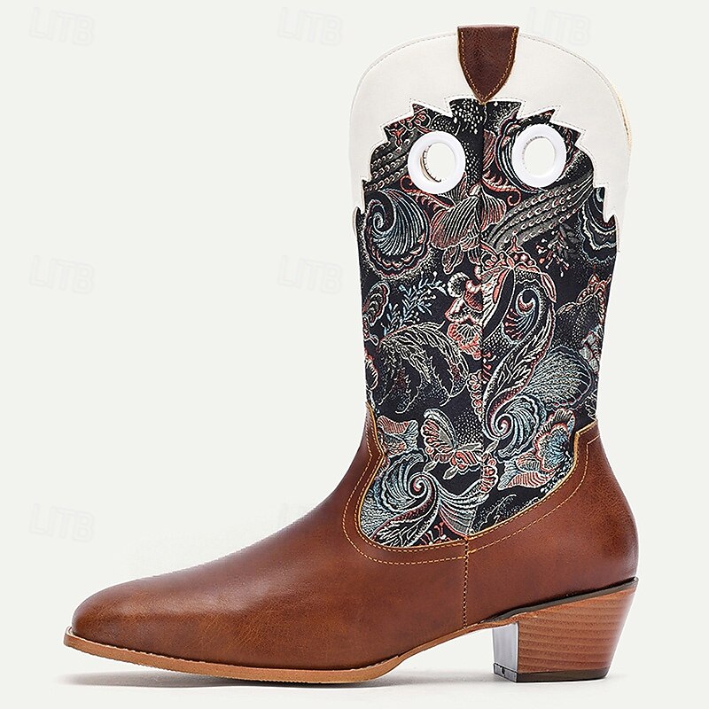 Men's Western Cowboy Boots with Embroidered Floral Pattern – Retro Riding Style Pull-On Mid-Calf Shoes for Ranch, Festival and Party Wear4