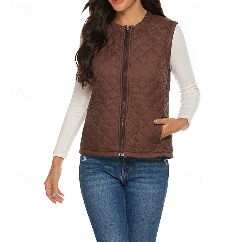Women's Puffer Jacket Puffer Vest Quilted Jacket Waterproof Comfortable Zipper Pocket Casual Plain Vacation Street Casual Daily Wear Zipper Regular Collarless Regular Fit Sleeveless Outerwear Black3