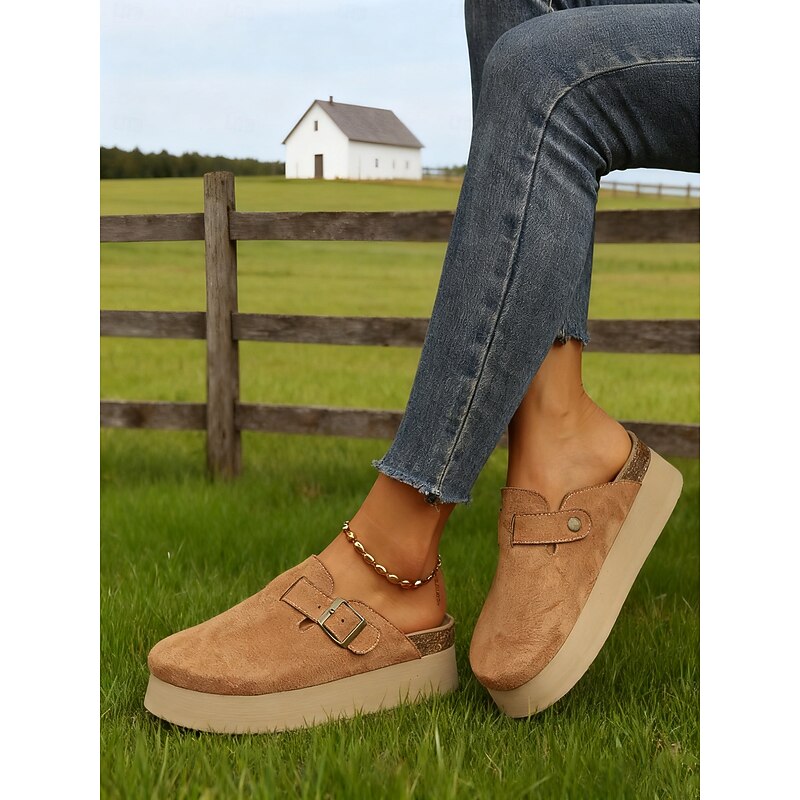 Women's Platform Mule Slip-On Shoes with Adjustable Buckle, Casual Retro Farmhouse Style for Daily Outfits3