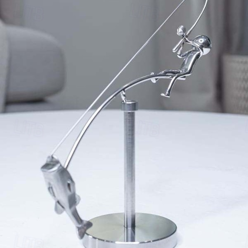 Kinetic Fishing Sculpture - Balance Art for Your Space Fisherman Kinetic Balancing Desk Toy Fishing Physics Sculpture for Home Office Art Deco Stainless Steel Balance Physics Toy2