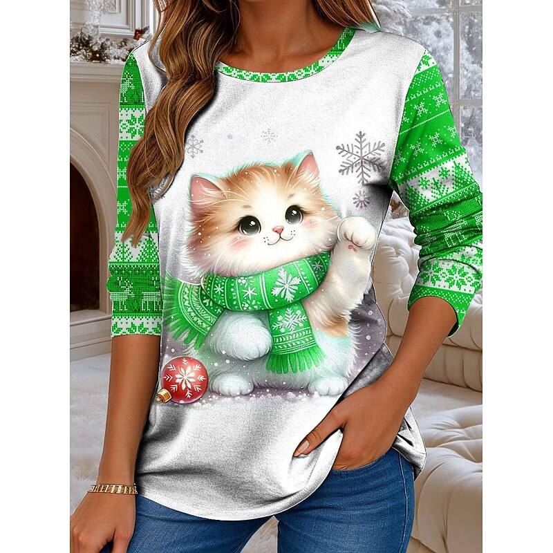 Christmas Women's T Shirt Graphic Cat Christmas Vintage Fashion Stylish Long Sleeve Crew Neck Regular Tops Daily Weekend Print Pink Red Blue Green Fall Winter3