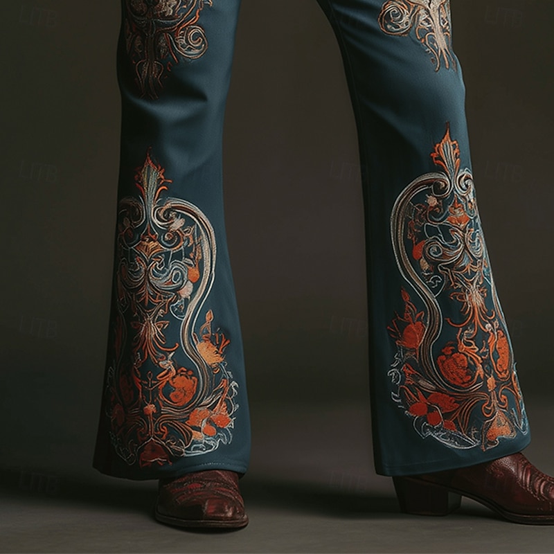 Men's Paisley Floral Print Ethnic Disco Pants 60s 70s Bell Bottoms Mid Waist Western Vintage Retro Outdoor Vacation Casual Side Pockets Flared Leg Pants Trousers Spring Fall 3D Print Blue2