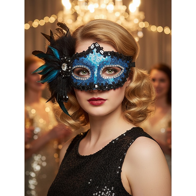 Women's Burgundy Sequin Feather Masquerade Mask with Rhinestone Trim, Gothic Venetian Style Costume Accessory for Halloween Parties and Masquerade Balls3