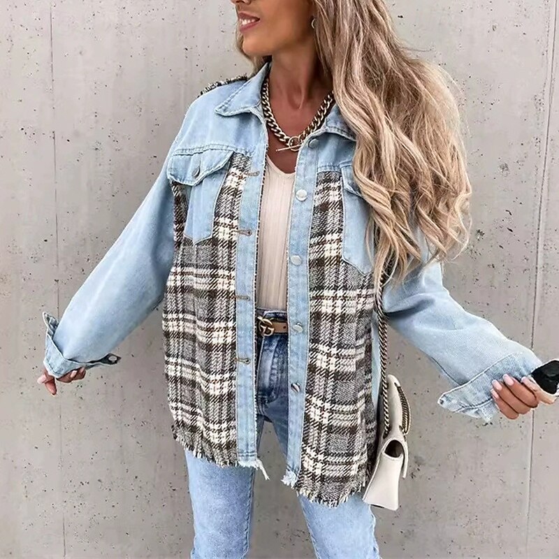 Women's Casual Jacket Denim Jacket Warm Comfortable Pocket Buttons Fashion Outdoor Color Block Going out Weekend Single Breasted Regular Lapel Regular Fit Long Sleeve Outerwear Blue Fall Winter