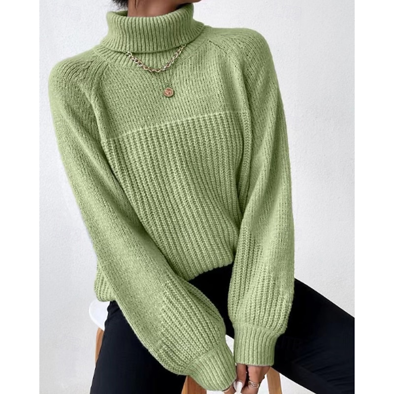 Women's Sweater Pullover Streetwear Casual Solid Color Turtleneck Knitted Long Sleeve Regular Tops Knit Daily Going out Weekend Light Green Pink Fall Winter3