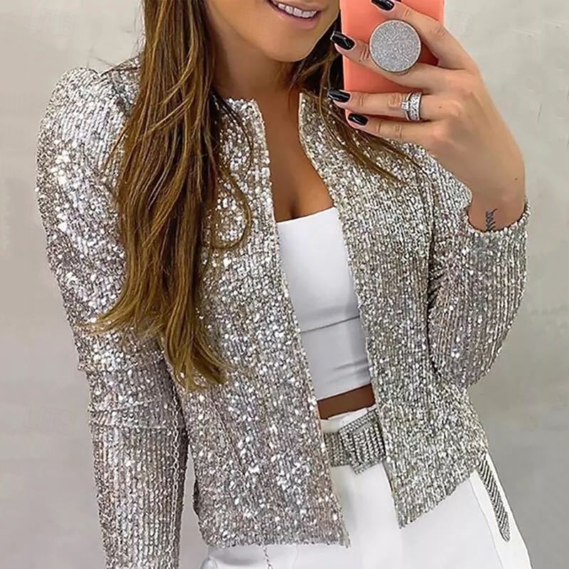 Women's Casual Jacket Comfortable Breathable Sequin Fashion Daily Plain Outdoor Casual Daily Short Collarless Regular Fit Long Sleeve Outerwear Silver Rose Gold Black Spring Fall3