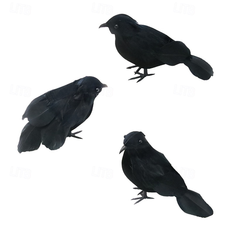 3 Pack Halloween Black Feathered Crows, Black Crows with Real Feather Halloween Decoration for Indoor Outdoor(13x8.5x7cm)