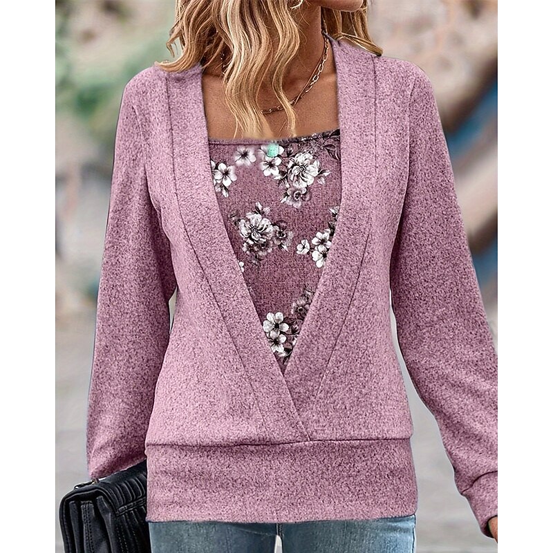Women's Shirt Blouse Floral Stylish Basic Casual Long Sleeve V Neck Regular Tops Daily Holiday Print Fuchsia Spring Fall Winter2