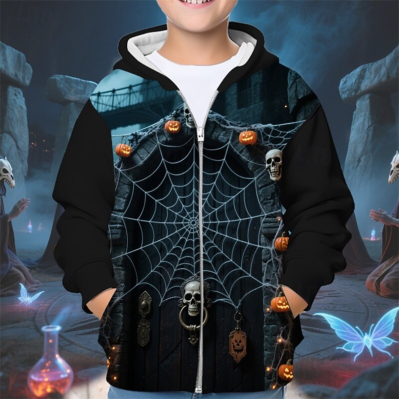 Halloween Boys' 3D Skull Pumpkin Hoodie Coat Outerwear Long Sleeve Spring Fall Adorable Sport Kids 4-12 Years Zip Street Daily Regular Fit