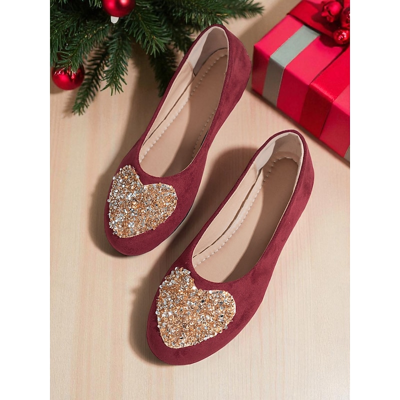 Women's Burgundy Faux Suede Flats with Sparkly Heart Rhinestone Design – Chic Dress Shoes for Ladies, Great for Christmas Parties and Daily Outfits2