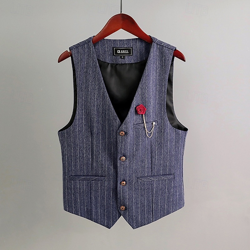 Male Vest Waistcoat Formal Performance Wedding Christmas Vintage Fall Winter Stripe Polyester Striped Single Breasted V Neck Tailored Fit Navy Blue Beige Gray Vest2