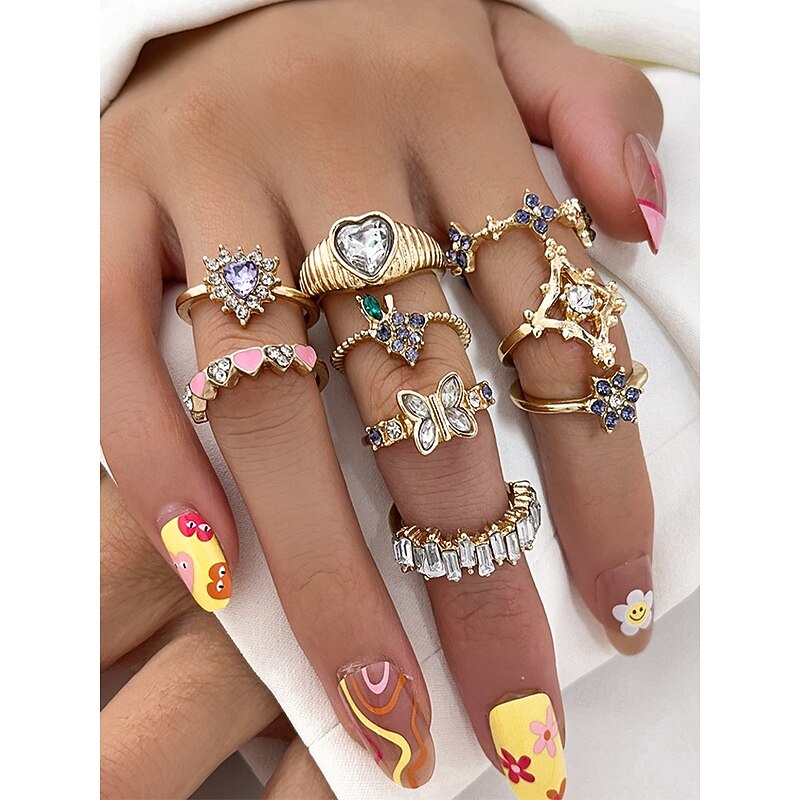 Women's Alloy Ring Set with Heart, Butterfly, and Star Designs, Fashion Boho Stackable Rings for Parties, Weddings and Everyday Wear