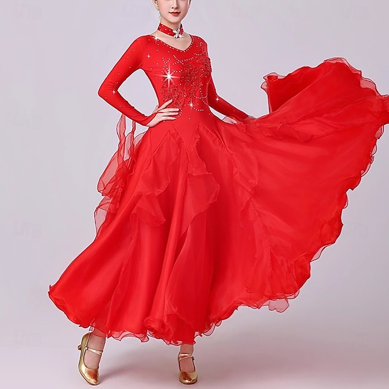 Ballroom Dance Dress Crystals / Rhinestones Women's Performance Party Long Sleeve Modern Waltz Competition Dance Costumes4