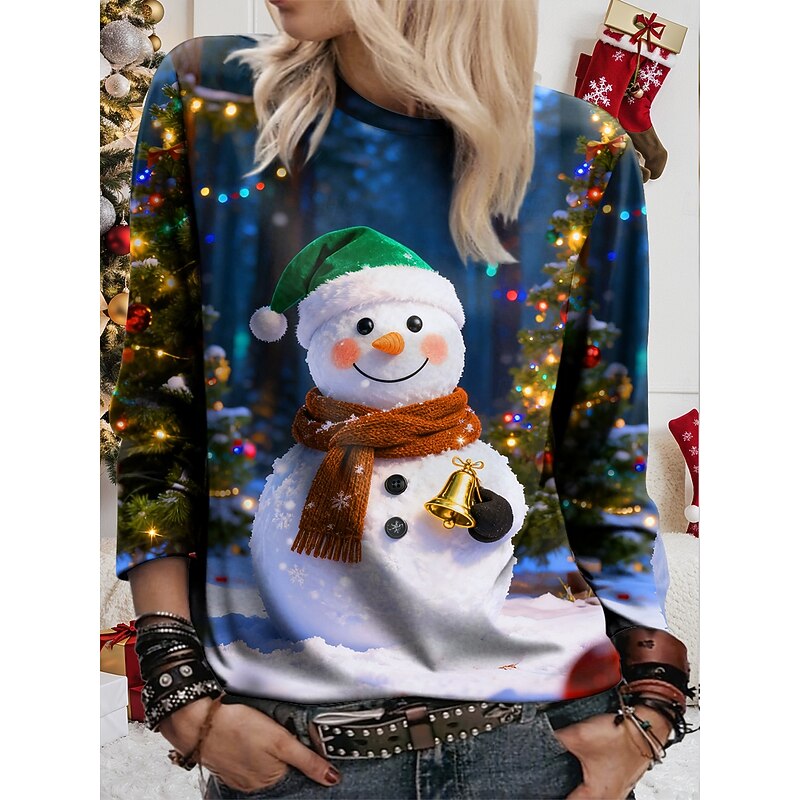 Christmas Women's T Shirt Graphic Snowman Vintage Fashion Stylish Long Sleeve Round Neck Regular Tops Daily Weekend Print Blue Purple Green Fall Winter