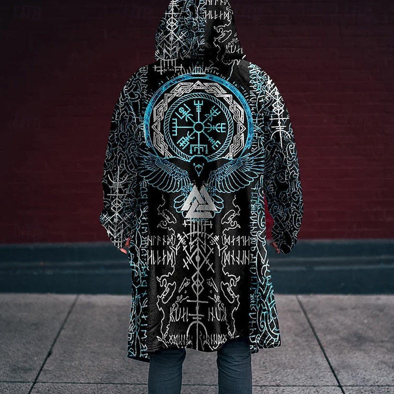 Men's Viking Winter Coat Fleece Jacket Coat Thermal Warm Comfortable Vintage Casual Daily Wear Zipper Pocket 3D Print Fall Winter Hooded Long Sleeve Blue - Main Image